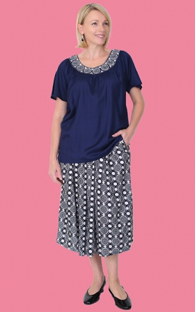 Navy Uptown Embroidered Top and Print Skirt