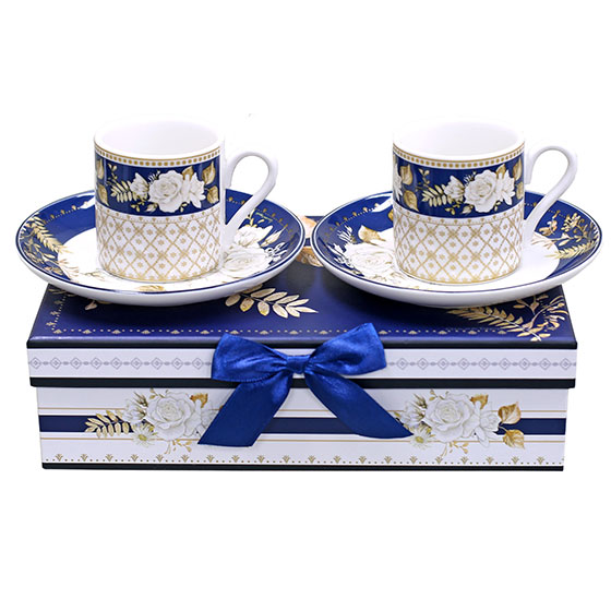 Set of 2 Blue Espresso Cups & Saucers