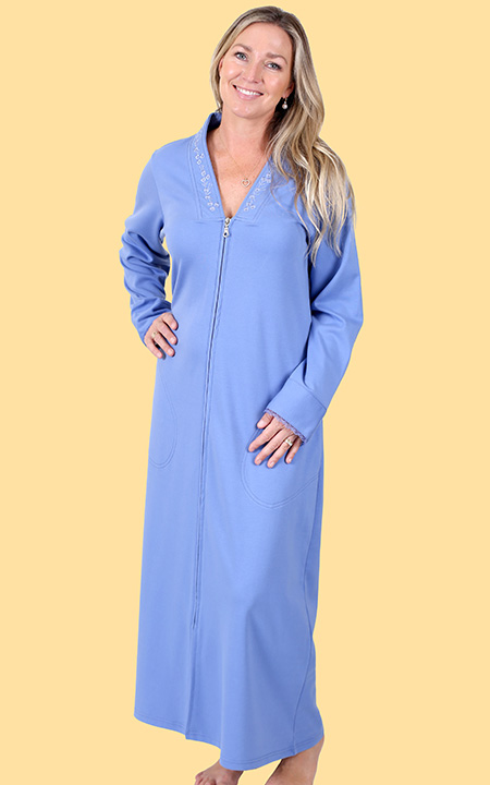 Zip Front Robe with Embroidery