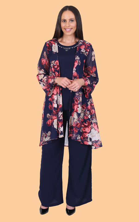 Floral Jacket with Beaded Shell and Palazzo Pants